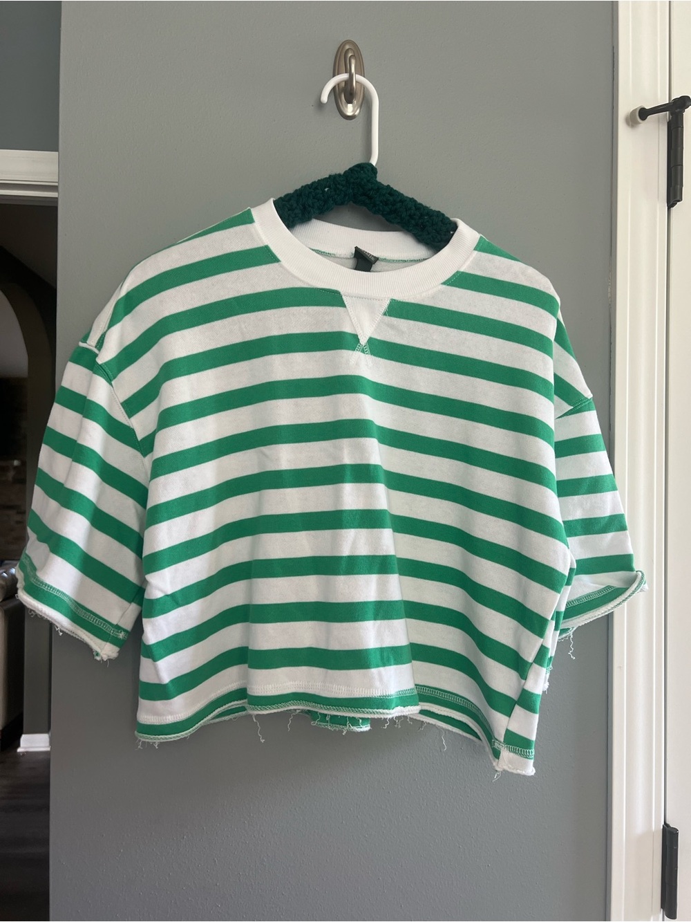 Women’s Green & White Striped Cropped Tee